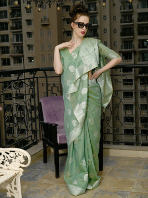Rajwada Women Festive Green Linen Blend Woven Saree With Unstitched Blouse
