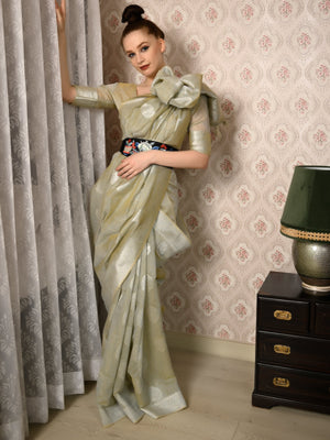 Rajwada Women Festive Green Linen Blend Woven Saree With Unstitched Blouse