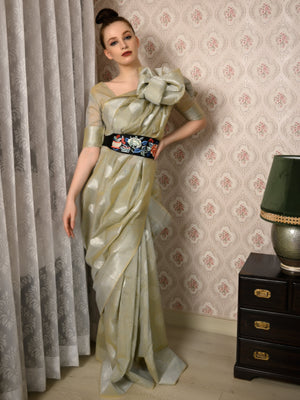Rajwada Women Festive Green Linen Blend Woven Saree With Unstitched Blouse
