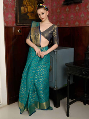 Rajwada Women Festive Blue Silk Blend Woven Saree With Unstitched Blouse