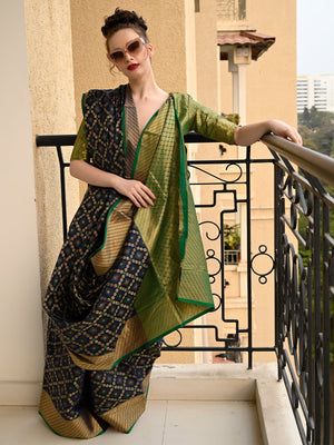 Rajwada Women Festive Blue Silk Blend Woven Saree With Unstitched Blouse