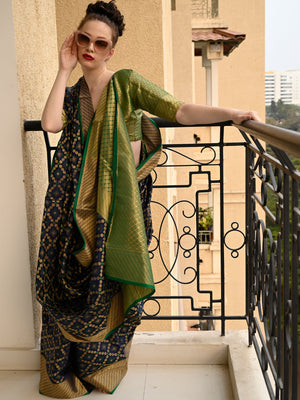 Rajwada Women Festive Blue Silk Blend Woven Saree With Unstitched Blouse