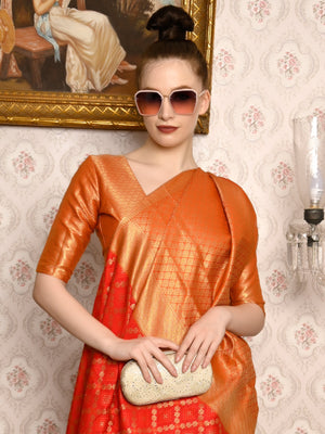 Rajwada Women Festive Red Silk Blend Woven Saree With Unstitched Blouse