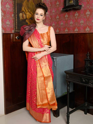 Rajwada Women Festive Magenta Silk Blend Woven Saree With Unstitched Blouse