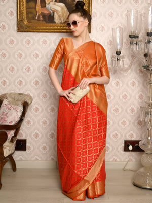Rajwada Women Festive Red Silk Blend Woven Saree With Unstitched Blouse