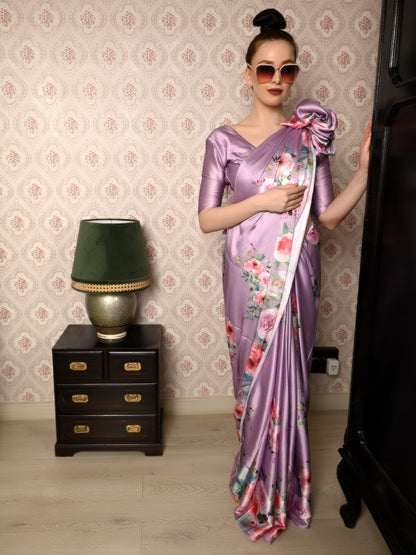 Rajwada Women Festive Purple Satin Printed Saree With Unstitched Blouse