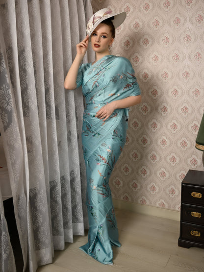 Rajwada Women Festive Blue Satin Printed Saree With Unstitched Blouse