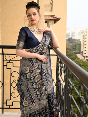 Rajwada Women Festive Dark Blue Silk Blend Woven Saree With Unstitched Blouse