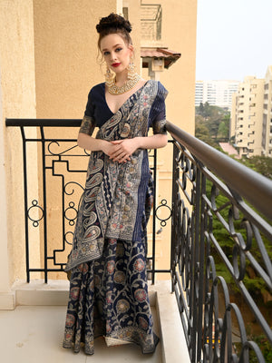 Rajwada Women Festive Dark Blue Silk Blend Woven Saree With Unstitched Blouse