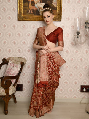 Rajwada Women Festive Maroon Silk Blend Woven Saree With Unstitched Blouse