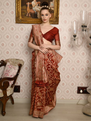 Rajwada Women Festive Maroon Silk Blend Woven Saree With Unstitched Blouse