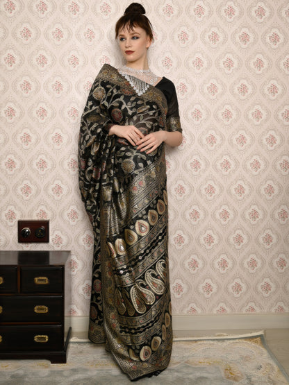 Rajwada Women Festive Black Silk Blend Woven Saree With Unstitched Blouse