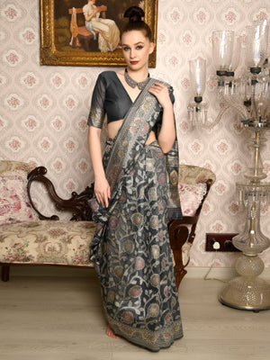 Rajwada Women Festive Black Silk Blend Woven Saree With Unstitched Blouse