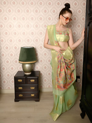 Rajwada Women Festive Green Silk Blend Woven Saree With Unstitched Blouse