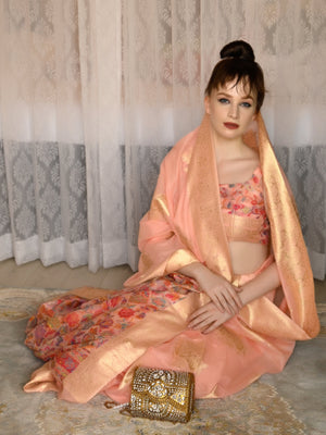 Rajwada Women Festive Peach Silk Blend Woven Saree With Unstitched Blouse