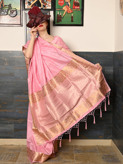 Rajwada Women Festive Pink Silk Blend Woven Saree With Unstitched Blouse