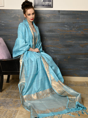 Rajwada Women Festive Blue Silk Blend Woven Saree With Unstitched Blouse