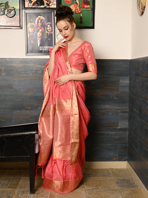 Rajwada Women Festive Pink Silk Blend Woven Saree With Unstitched Blouse