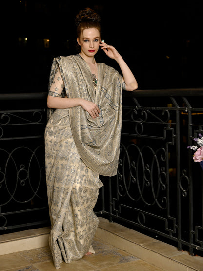 Rajwada Women Festive Beige Silk Blend Woven Saree With Unstitched Blouse