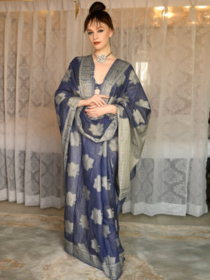 Rajwada Women Festive Dark Blue Silk Blend Woven Saree With Unstitched Blouse