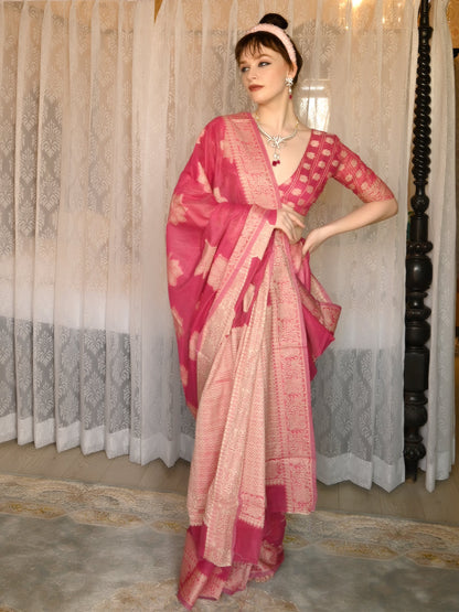 Rajwada Women Festive Pink Silk Blend Woven Saree With Unstitched Blouse