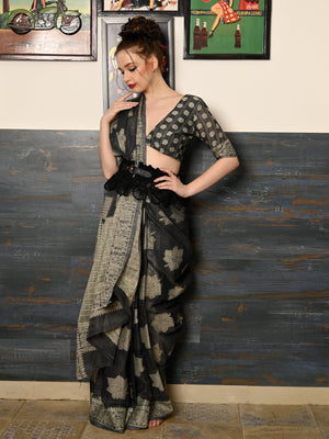 Rajwada Women Festive Grey Silk Blend Woven Saree With Unstitched Blouse