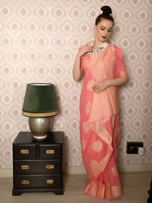 Rajwada Women Festive Peach Silk Blend Woven Saree With Unstitched Blouse
