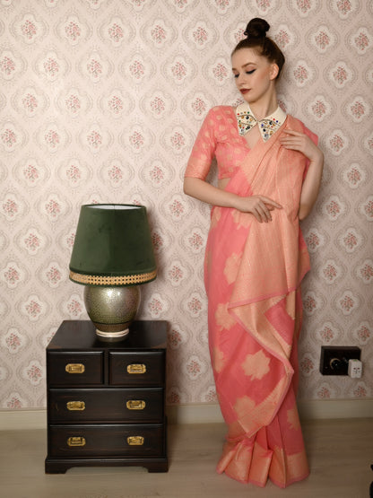 Rajwada Women Festive Peach Silk Blend Woven Saree With Unstitched Blouse