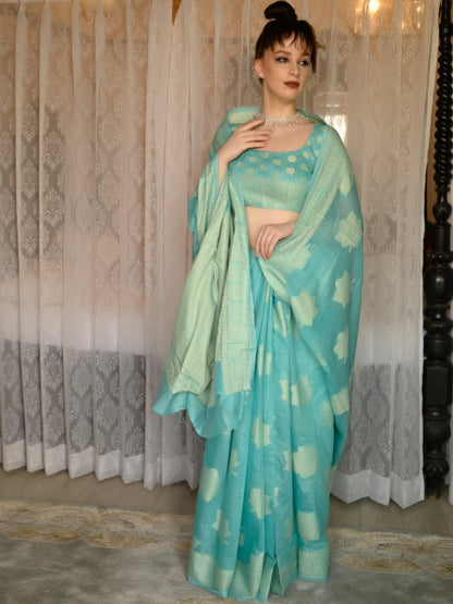 Rajwada Women Festive Blue Silk Blend Woven Saree With Unstitched Blouse