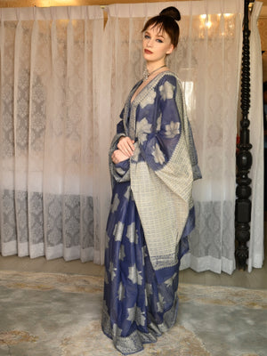 Rajwada Women Festive Dark Blue Silk Blend Woven Saree With Unstitched Blouse