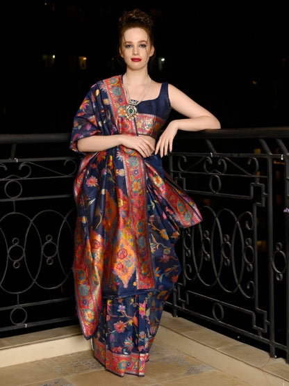 Rajwada Women Festive Dark Blue Silk Blend Woven Saree With Unstitched Blouse