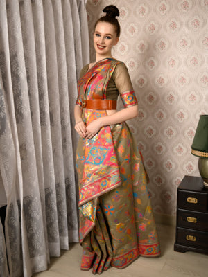 Rajwada Women Festive Brown Silk Blend Woven Saree With Unstitched Blouse