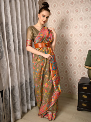 Rajwada Women Festive Brown Silk Blend Woven Saree With Unstitched Blouse