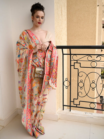 Rajwada Women Festive Apricot Silk Blend Woven Saree With Unstitched Blouse