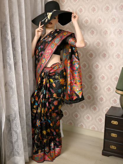 Rajwada Women Festive Black Silk Blend Woven Saree With Unstitched Blouse