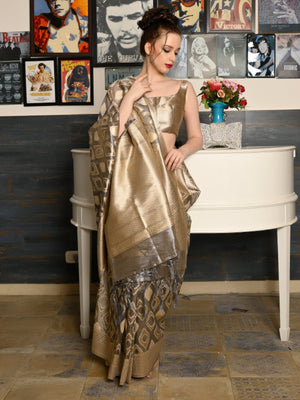 Rajwada Women Festive Grey Tissue Woven Saree With Unstitched Blouse