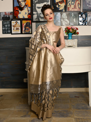 Rajwada Women Festive Grey Tissue Woven Saree With Unstitched Blouse