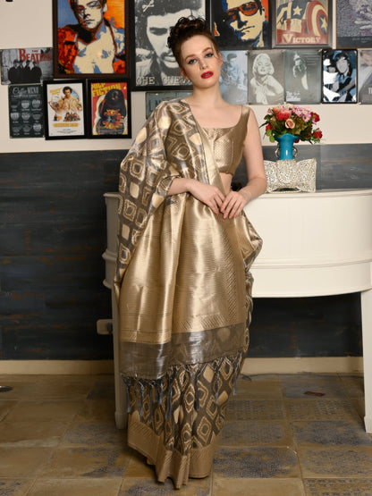 Rajwada Women Festive Grey Tissue Woven Saree With Unstitched Blouse
