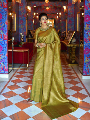 Rajwada Olive Woven Design Silk Blend Saree With Unstitched Blouse For Women