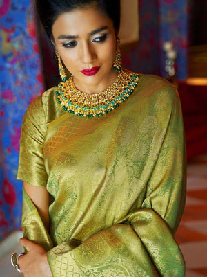 Rajwada Olive Woven Design Silk Blend Saree With Unstitched Blouse For Women