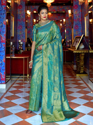 Rajwada Teal Woven Design Silk Blend Saree With Unstitched Blouse For Women