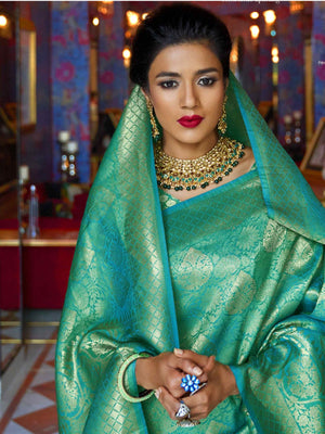 Rajwada Teal Woven Design Silk Blend Saree With Unstitched Blouse For Women