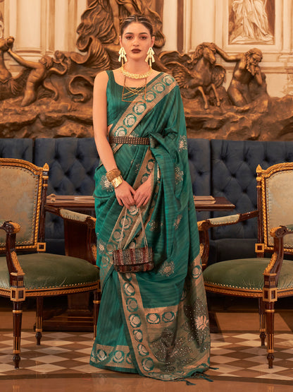 Rajwada Women Teal Silk Blend Woven Saree With Unstitched Blouse