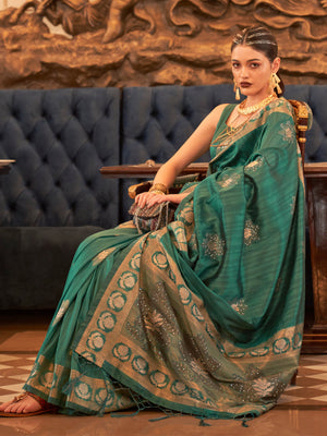 Rajwada Women Teal Silk Blend Woven Saree With Unstitched Blouse