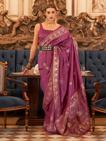Rajwada Women Violet Silk Blend Woven Saree With Unstitched Blouse