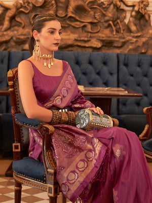 Rajwada Women Violet Silk Blend Woven Saree With Unstitched Blouse