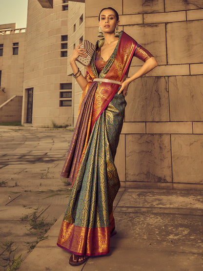 Rajwada Green Handloom Woven Silk Blend Saree for Women With Unstitched Blouse