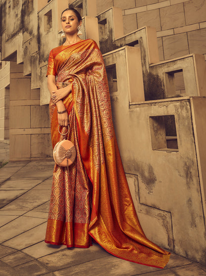 Rajwada Red Handloom Woven Silk Blend Saree for Women With Unstitched Blouse