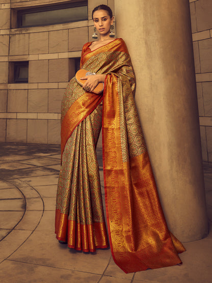 Rajwada Green Handloom Woven Silk Blend Saree for Women With Unstitched Blouse