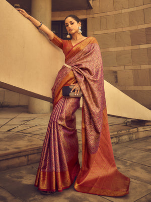 Rajwada Purple Handloom Woven Silk Blend Saree for Women With Unstitched Blouse